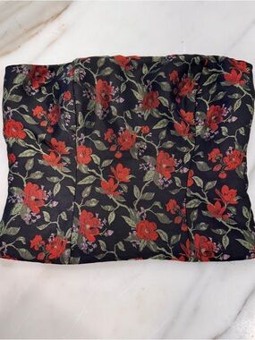 Reformation Black Strapless Bustier Top with Red Floral Print